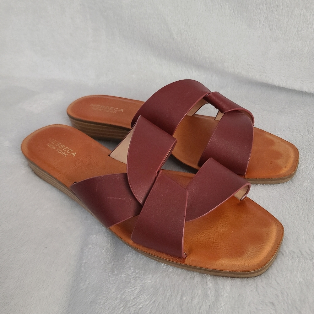Messeca New York Sz 9.5 Tyla Burgundy Strap Slip On Leather Upper Summer Sandals